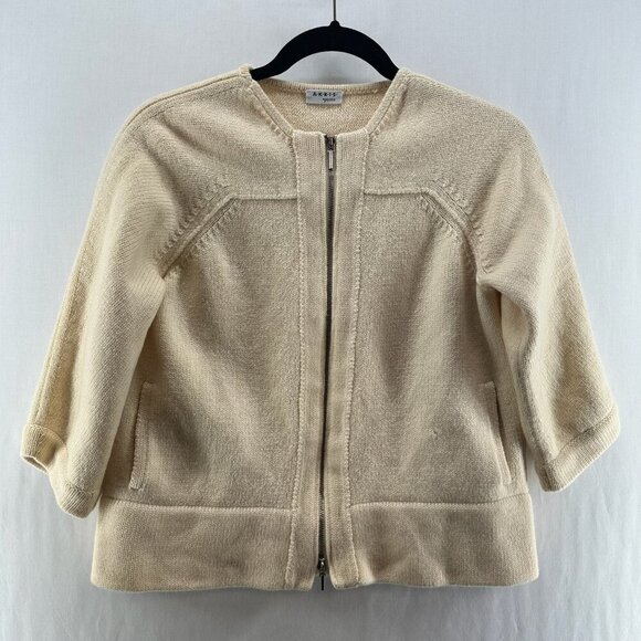 Akris Punto Sweaters - AKRIS Punto Sweater Size 10 Wool Knit Full Zip Cardigan Pockets 3/4 Sleeve Ivory
